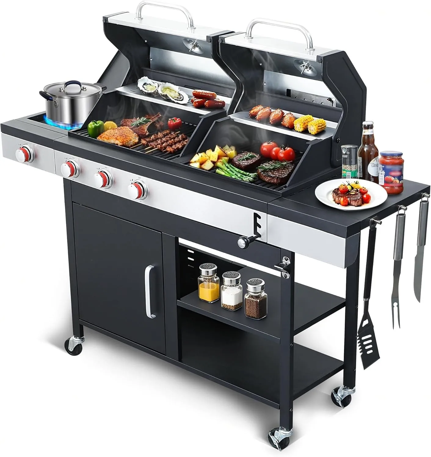 

Gas Charcoal Grill Combo, 3-Burner Propane Gas BBQ Grill with Side Burner