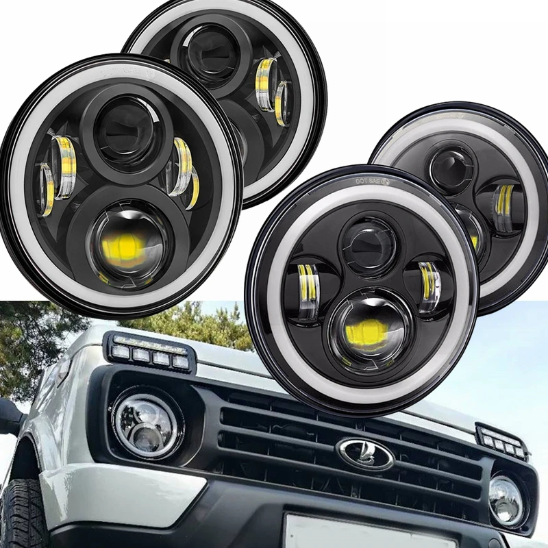 2x Car 7 Inch Led Headlight Hi/Low H4 Halo Angle Eyes DRL For Jeep JK TJ OffRoad Defender Hummer 4x4 Suzuki Samurai Headlamp