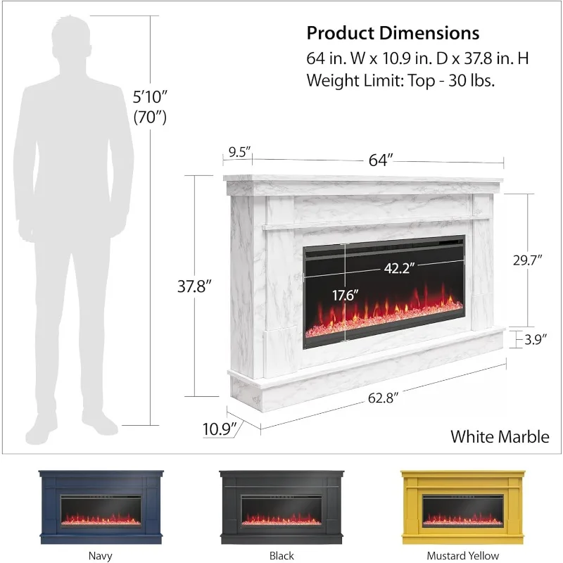 Waverly Wide Mantel with Linear Electric Fireplace & Crystal Ember Bed, Onyx Marble