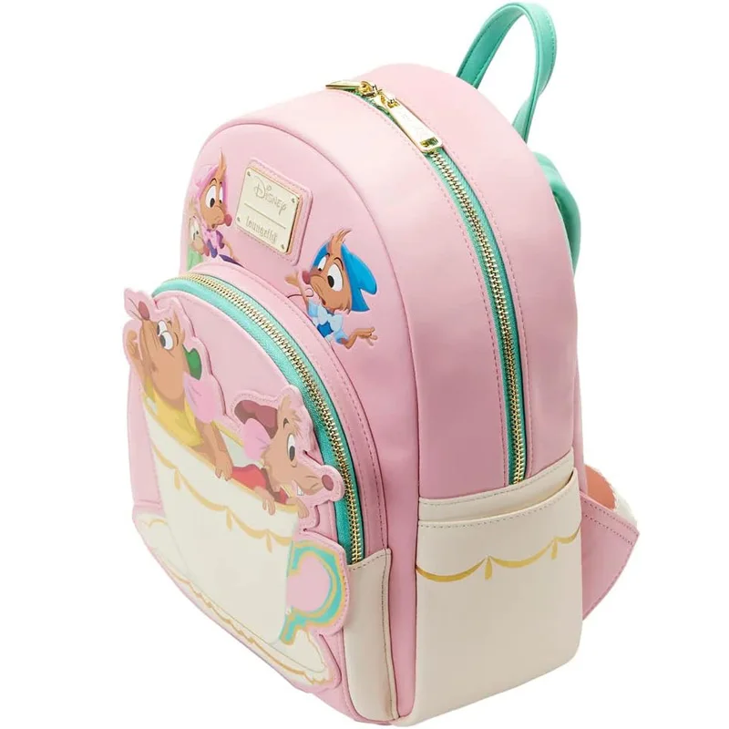 Disney Princesa Cinderela Gus e Jq Bolsa de Ombro Dupla para Mulheres, Impressão de Desenhos Animados, Lúcifer, Couro PU, Mochila Rosa