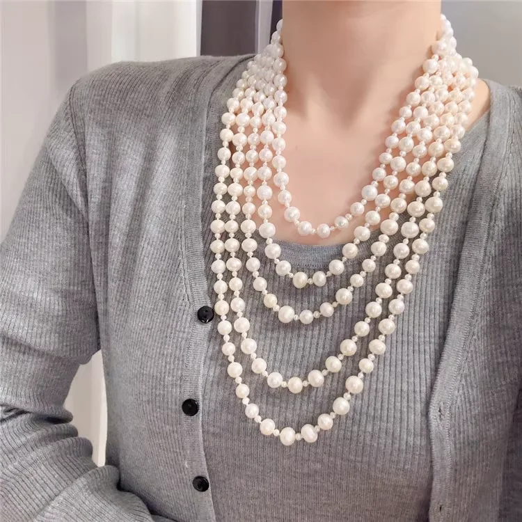 5 Strands Natural freshwater pearl necklace multi-layer long sweater Necklace With Detachable Flower Brooch