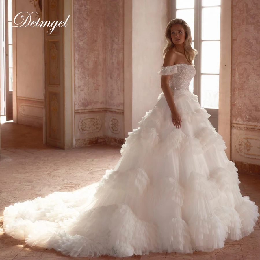 

Detmgel New Exquisite Strapless Ball Gown Wedding Dress Luxury Beaded Tiered Cap Sleeve Court Train Vestido De Noiva Customized