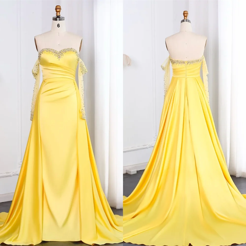 Customized Formal yellow Satin Homecoming Dress Classic Sweetheart Crystal Panel Train Ruched Mermaid Zipper Back Robe de soirée