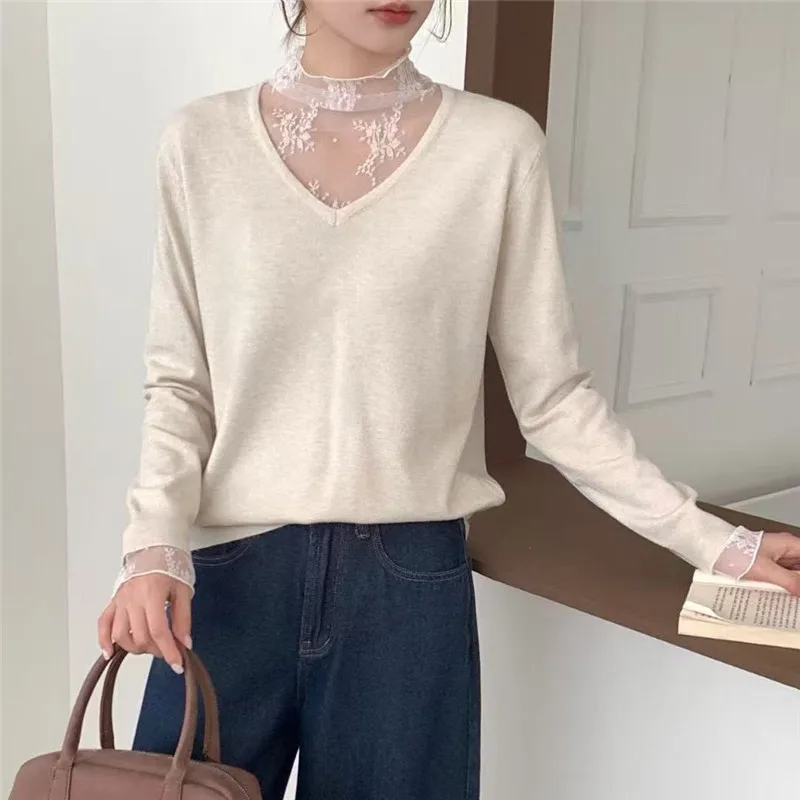 

Элегантный нежный стильный сетчатый вставной свитер из двух предметов, шерстяной вязаный свитер, женский модный новый многослойный топ, мягкий удобный шикарный пуловер