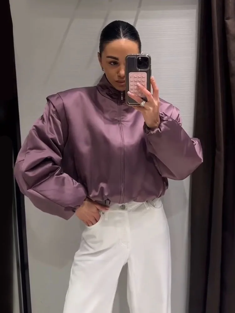 

Женская укороченная куртка HH: новая модная модель с контурными плечами, из хлопка, однотонная, на молнии, с длинными рукавами, повседневная, теплая, в уличном стиле