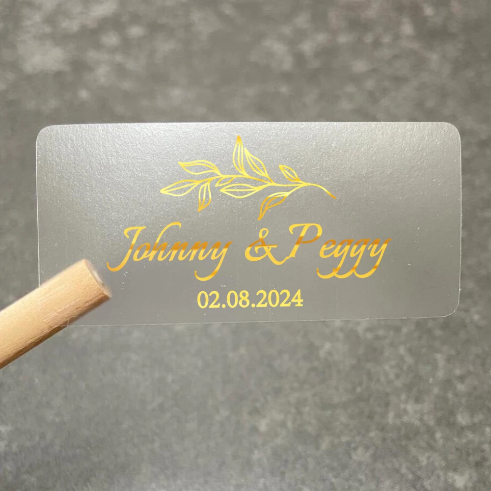 Custom Rectangular Wedding Stickers, Transparent Wedding Sticker, Personalized Wedding Stickers with Gold Foil Text and Date