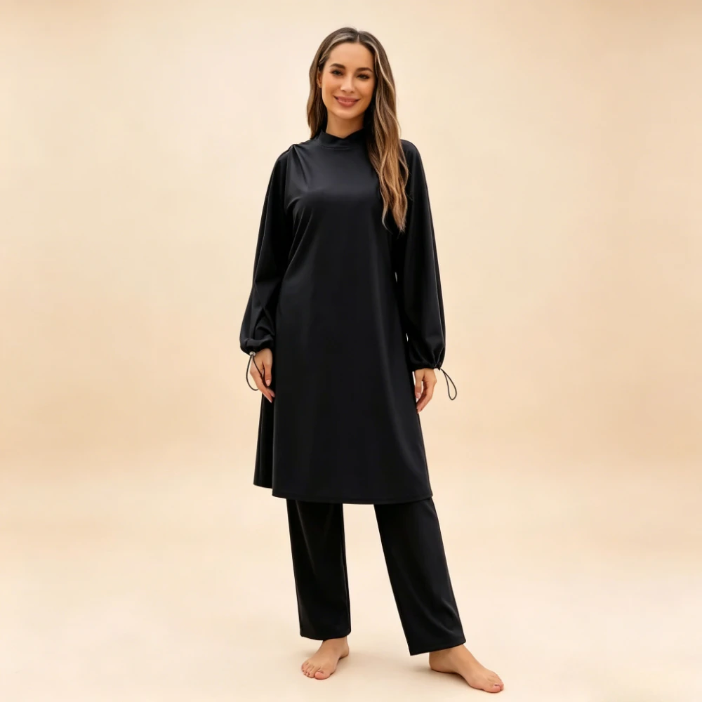 2026 New 3-Piece Drawstring Cuff Balloon Sleeve Muslim Burkini Swimsuit Loose Long Tunic Straight Pants Modest Islamic Swimwear