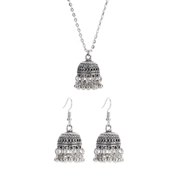 Ethnic Indian Wedding Jewelry Set for Bride Silver Color Carved Bells Necklace&Earring Vintage Dangle Earrings Gifts