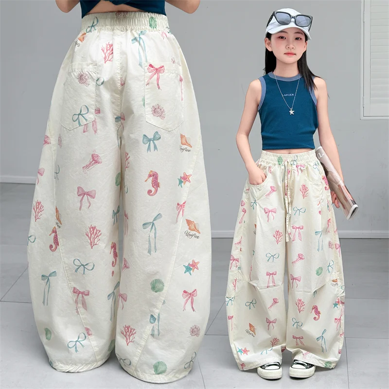 

Teen Girls 2026 Summer New Fashion Bow Print Loose Pants High Waist Sweet Casual Sweatpants for Children Trousers 6 8 10 12 14Y