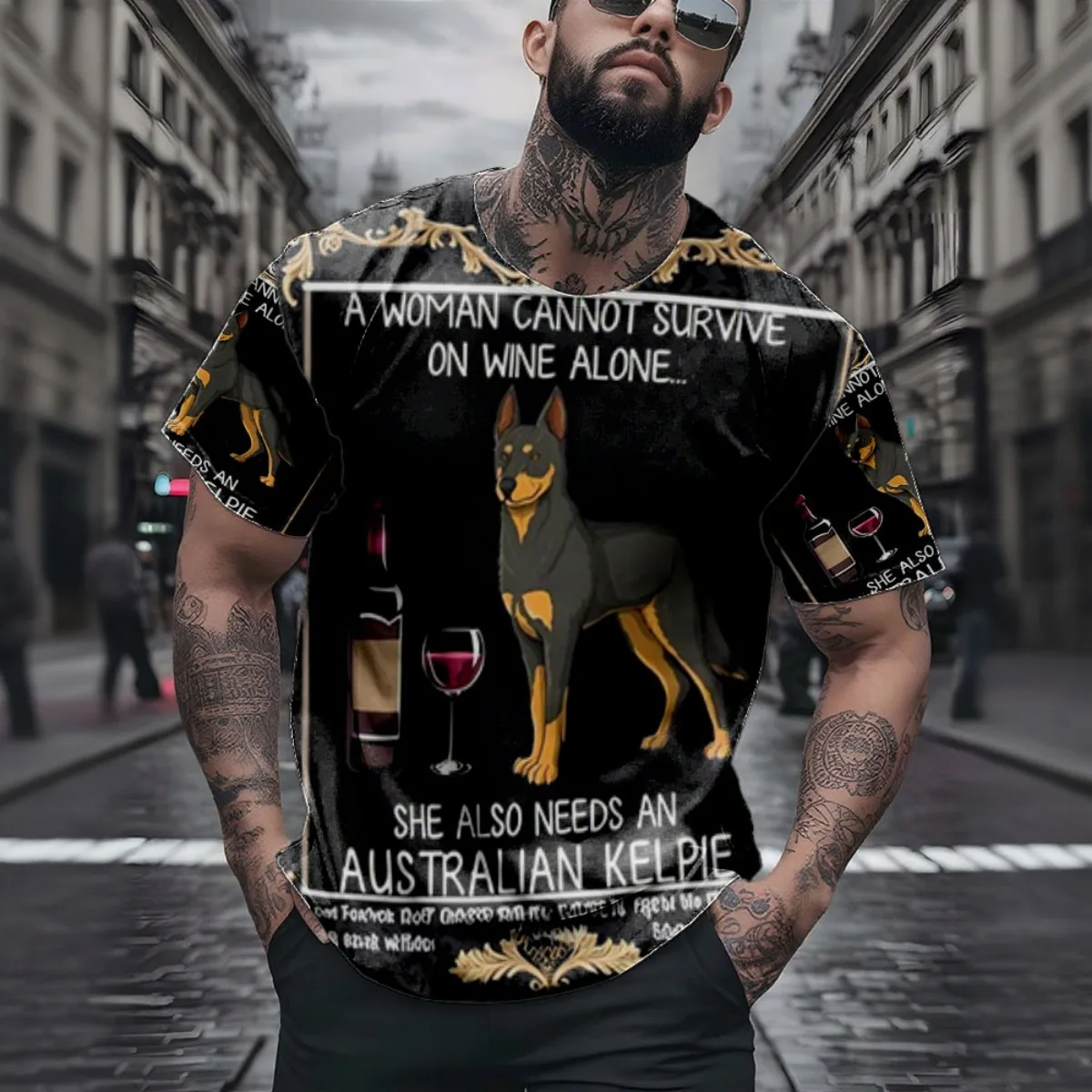 Kelpie australiano y vino divertido g 2025, recién llegado, camiseta corta con estampado de Sve para hombre, camiseta única con estampado completo D
