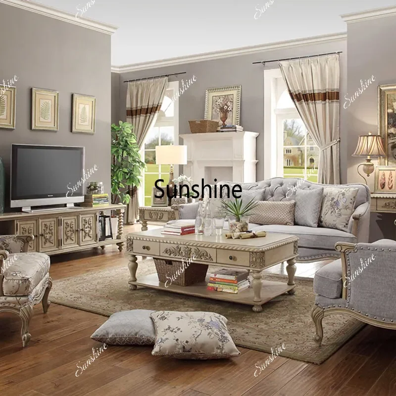American solid wood light luxury retro white carved living room furniture
