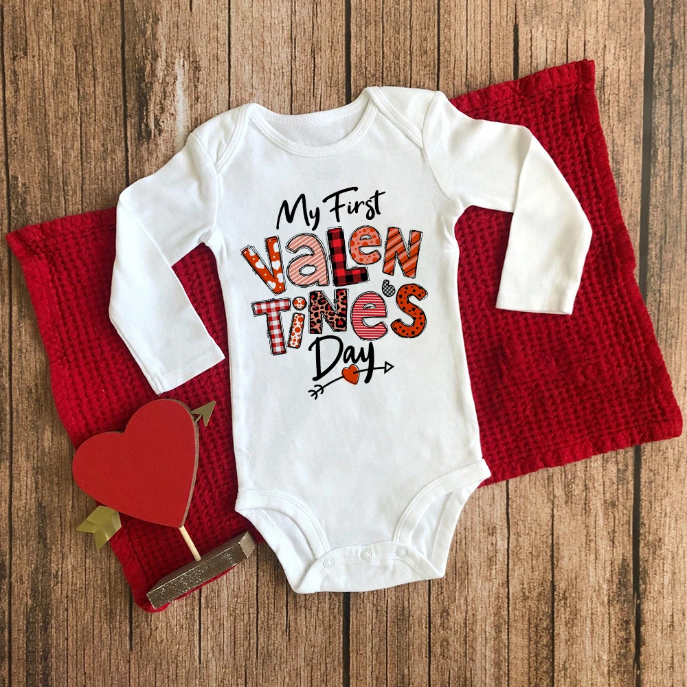 My First Valentine Print Baby Bodysuit Valentine Party Newborn Outfit Romper Long Sleeve Jumpsuit Infant Holiday Clothes Outfit