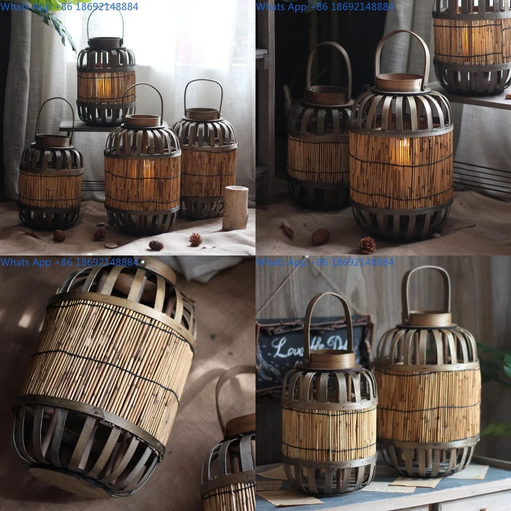 

Handmade Chinese style woven bamboo lantern with wooden candle holder vintage decorative light for home decor