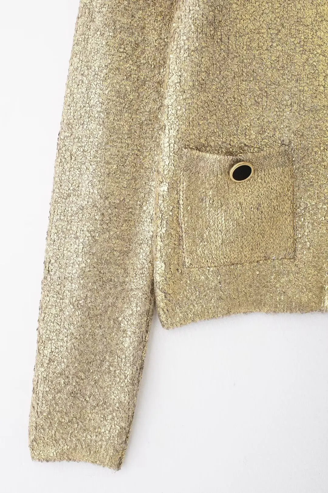 Women's New Fashion Metal Foil Decoration O Neck Single Breasted Knitted Coat Retro Long Sleeve Pocket Women's Coat Chic Top