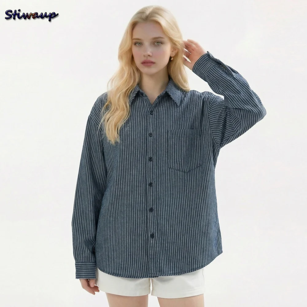 

Spring Striped Shirts Woman American Vintage 100 Cotton Blue Striped Women's Blouse Plus Size Long Sleeve Casual Women's Tops