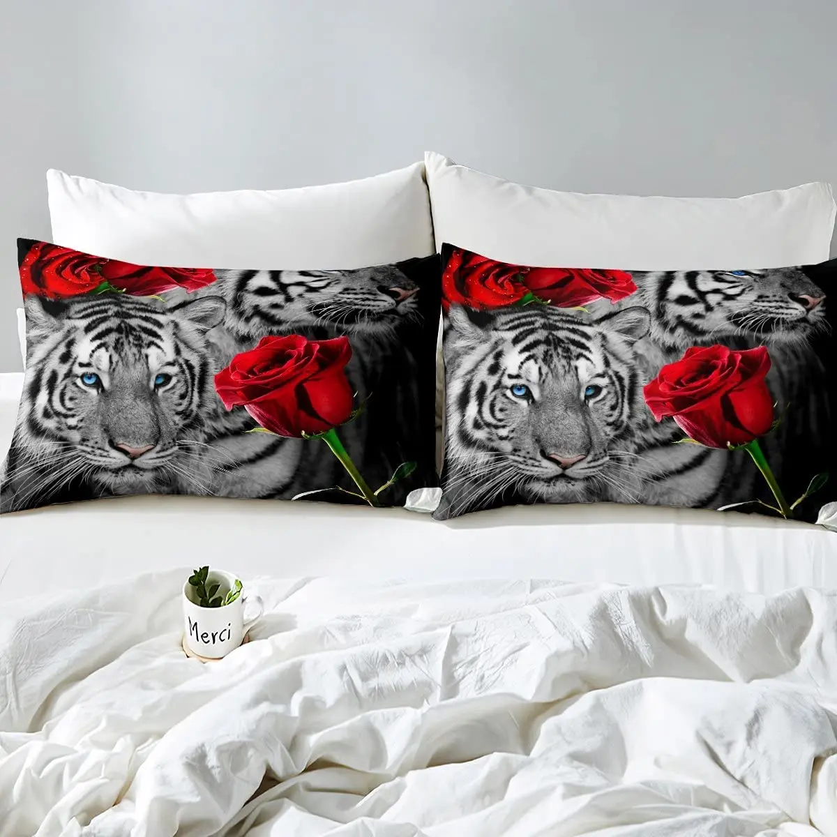 Imagem -06 - Tigre Branco Cabido Folha Rainha Tamanho Flores e Tigre Impressão Jogo de Cama para Adolescentes Presente das Crianças Animal da Vida Selvagem Tema Floral