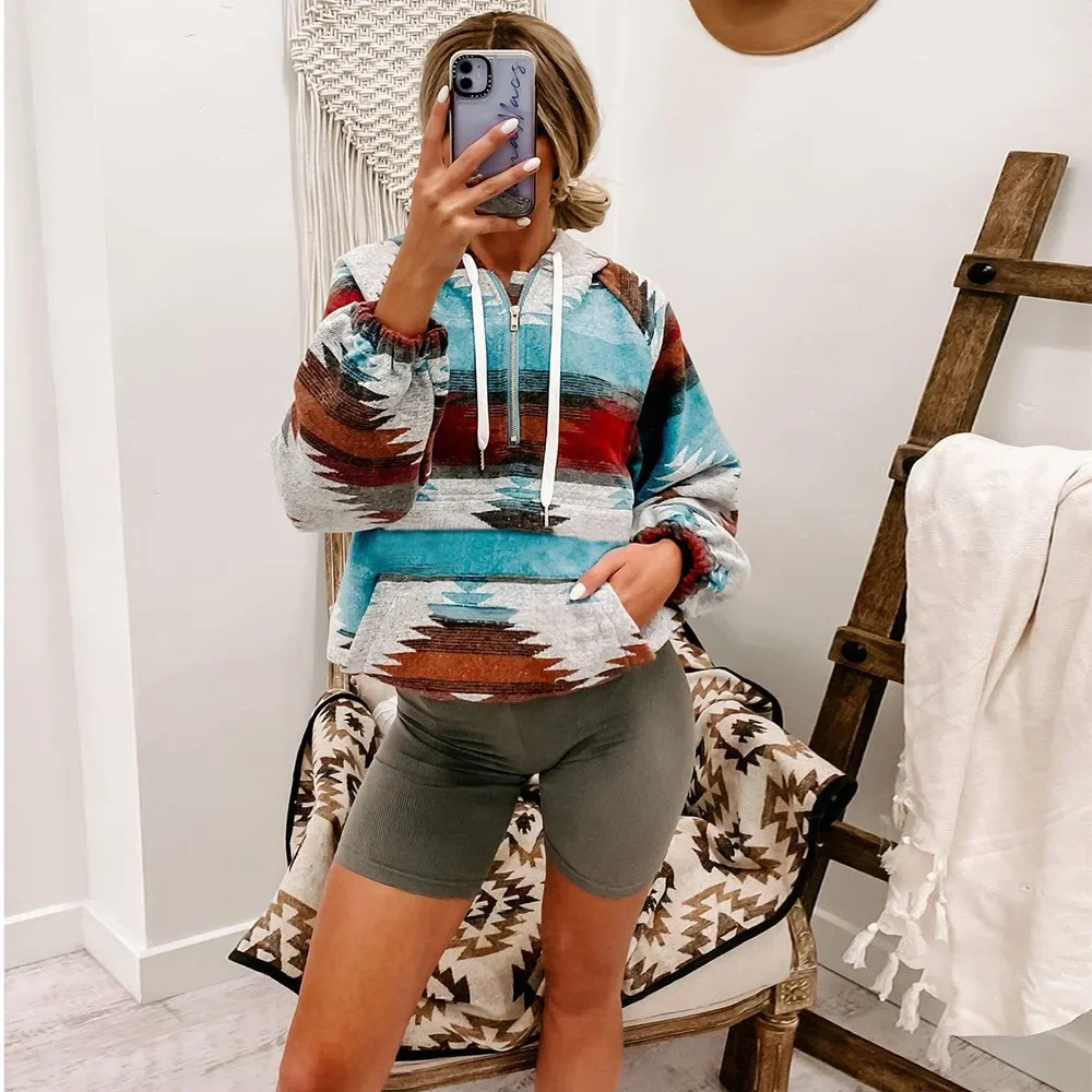 Women's Retro Pullover Sweater Spring Autumn Ethnic Style Stitching pPattern Hooded Sweater Zipper V Neck Loose Casual Pullover