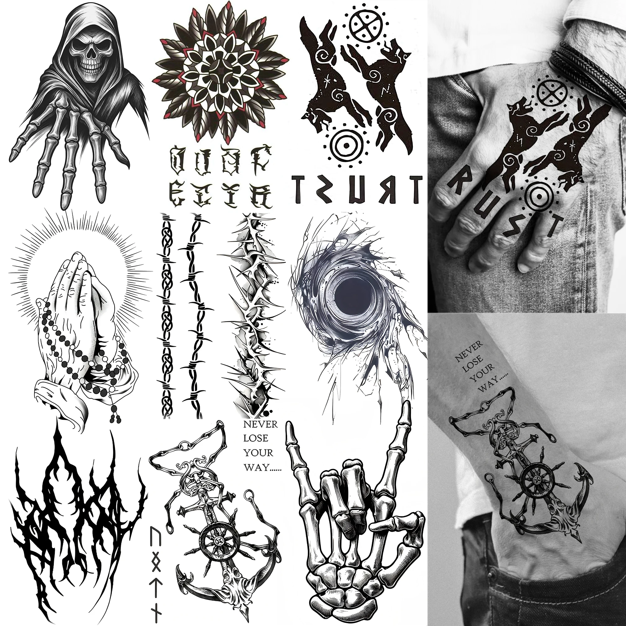 

1 Sheet Skeleton Thorns Anchor Temporary Tattoos For Adult Hand Neck, Halloween Fake Tattoo Sticker Long Lasting Realistic Tatoo