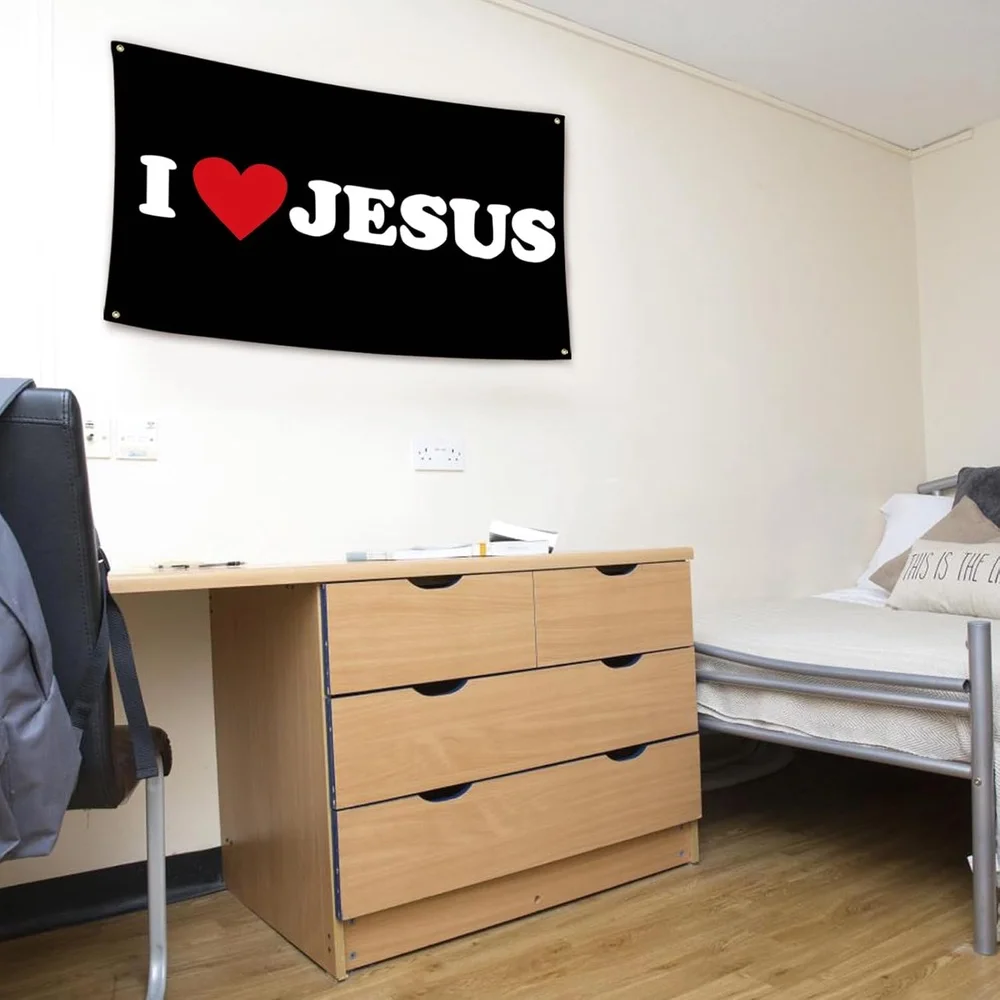 VIKAMA I Love Jesus Tapestry Flag, Christian Faith Wall Hanging Banner, Religious Room Decor for Bedroom Dorm Church