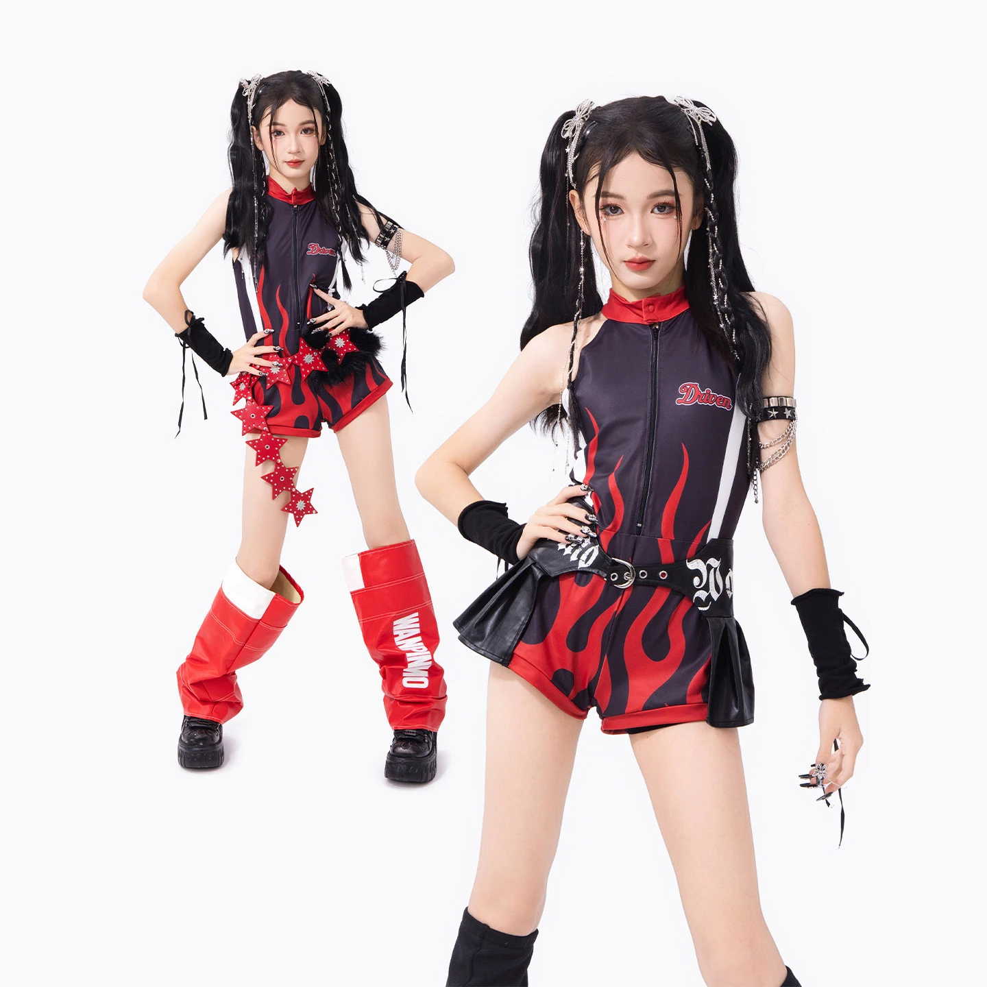 Children Ballroom Hip Hop Dance Costumes For Girls Group Red Bodysuit Kpop Outfits Kids Jazz Dance Performance Clothes DQS24013