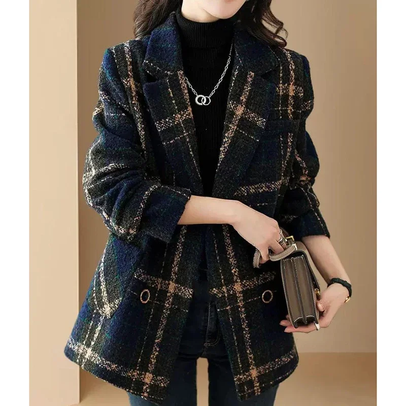 Women Mid Length Casual Plaid Woolen Jacket Female Spring Autumn Retro British Style Wool Blend Lattice Overcoat Jacket