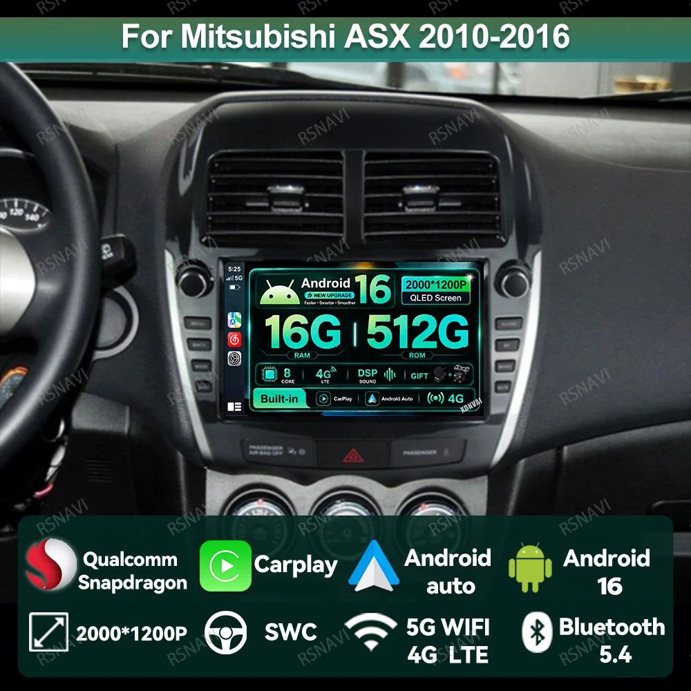 Car Radio Android 16 For Mitsubishi ASX 2010 - 2016 NO 2DIN WIFI+4G Qualcomm Autoradio Stereo QLED DSP 9/10 Inch 360 Camera AUTO