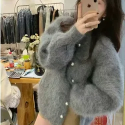 Luxury High-end Lazy Fluffy Jacket Autumn Winter Knitted Cardigan Sweater Long Sleeve Tops Design Faux Mink Pearl Button Jumper