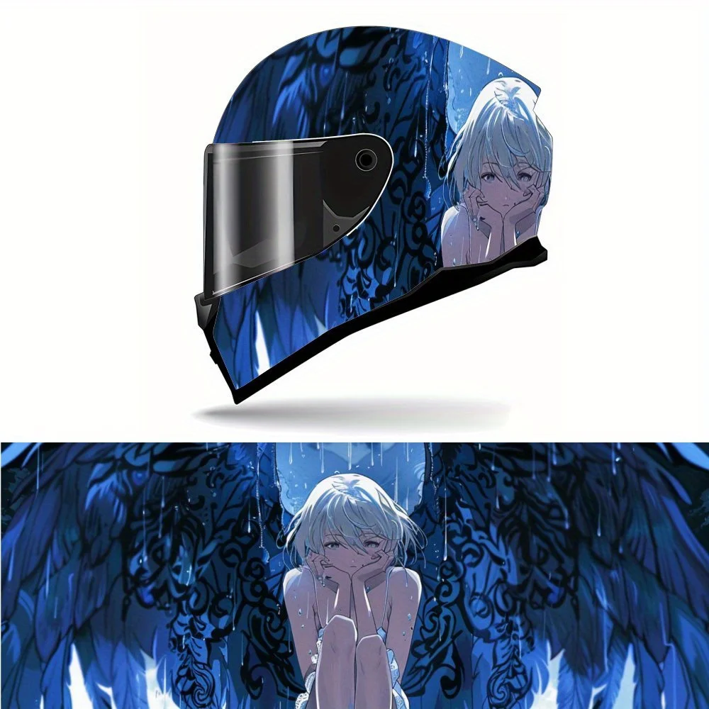 

Lonely Blue Wings Anime Girl PVC Motorcycle Helmet Vinyl Wrap, Self-Adhesive Waterproof Sticker, Anti-Scratch Decorative Film fo