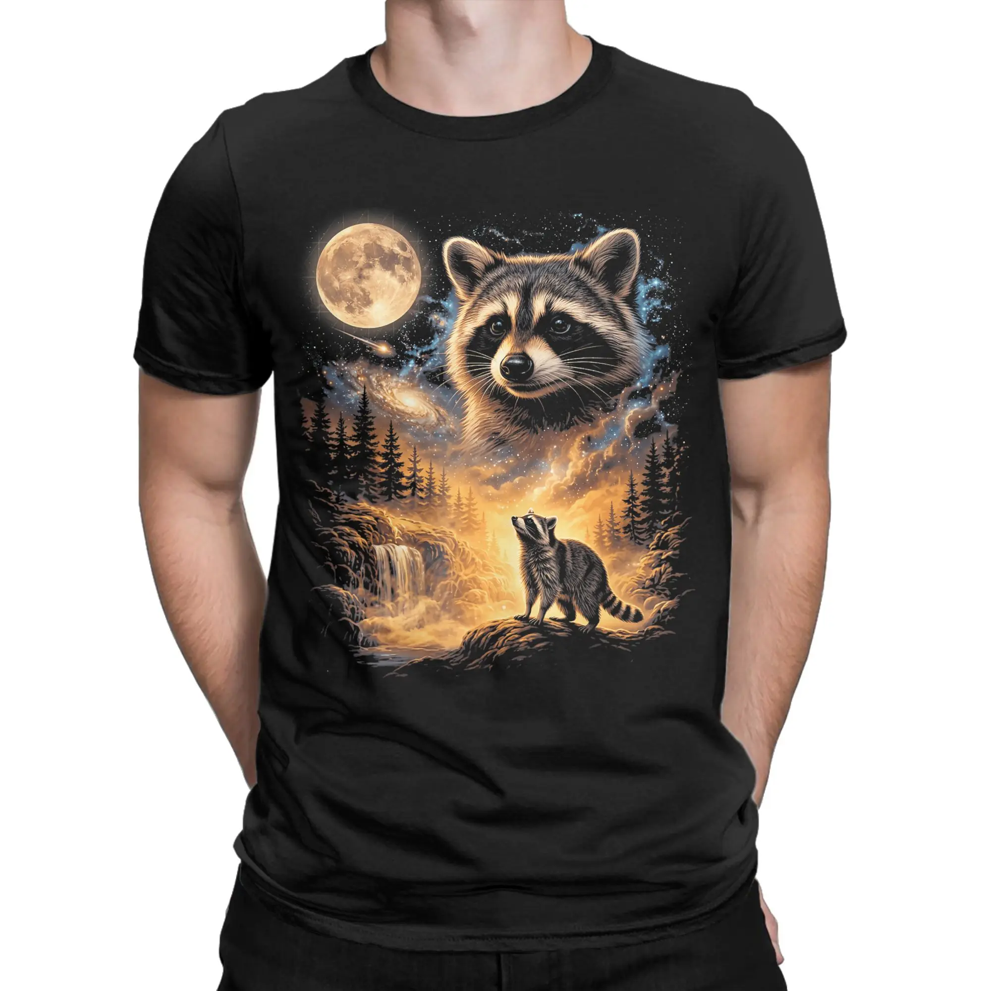Raccoon Howling To The Moon Funny Animal T-Shirt Mens  Street Style Pure Cotton T Shirts Summer Tees Printed Big Size Tops
