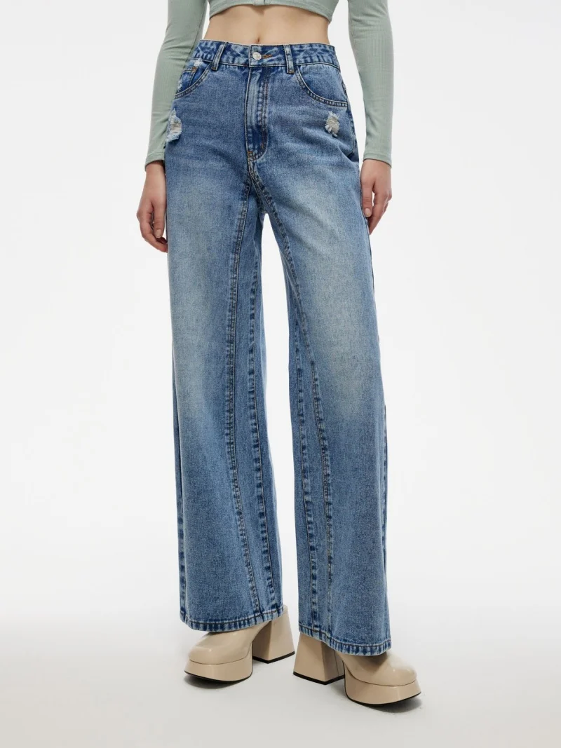 streetwear 워시 기본 데님 바지 가을 옷 여성 하이 웨이스트 패치 워크 스트레이트 청바지 여성 캐주얼 올 매치 진 바지