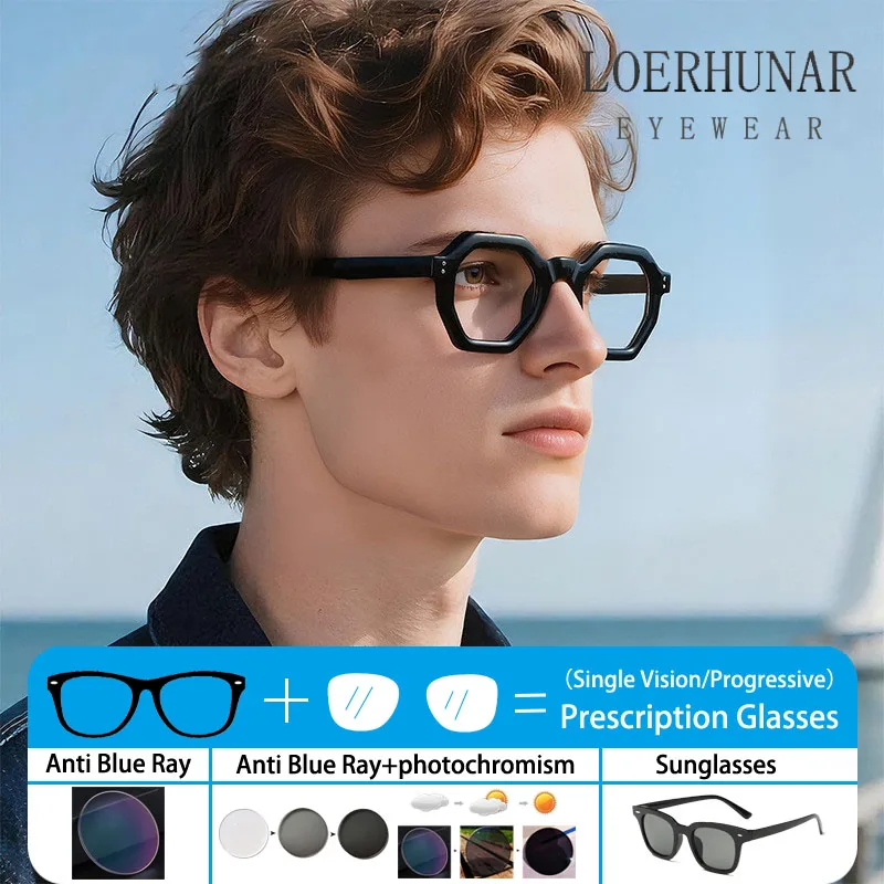 

Fashion Ultra-light Plug-in Acetate Polygon Men Eyeglass Frame Blue Light Blocking Optical Prescription Customized Myopia Glasse