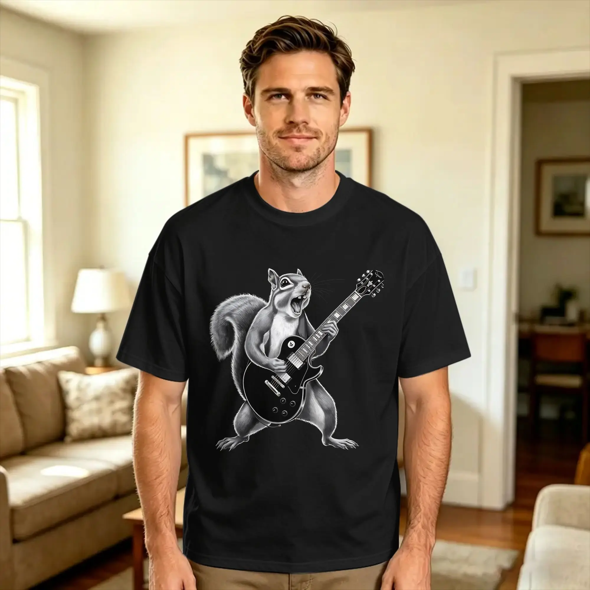 Rockstar Squirrel Shreds  squirrel playing guitar Classic T-Shirt Beach  Y2K Basic T-Shirts 100 Cotton Hip Hop Tee Shirt For Men