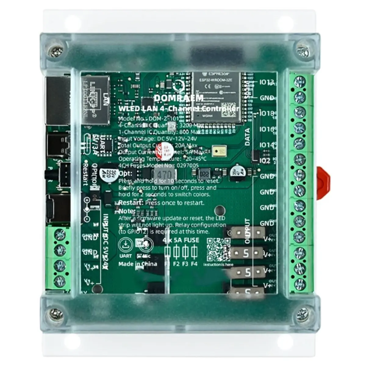 A72U  WLED 4-Channel Addressable Color Controller, RJ45 Ethernet, DIN Rail Mount 20A Ethernet WLED Controller