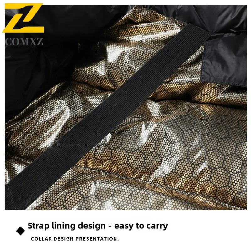 COMXZ 2025 Men Women Black Gold Quilted Jacket Detachable Hood Graphene Lining Decorative Straps Thickened Winter Coat