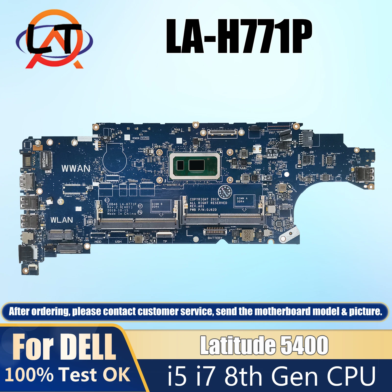 For DELL Latitude 5400 Notebook Mainboard LA-H771P 00MDPF 0J0Y5N i5-8365U i7-8665U Laptop Motherboard Full Tested