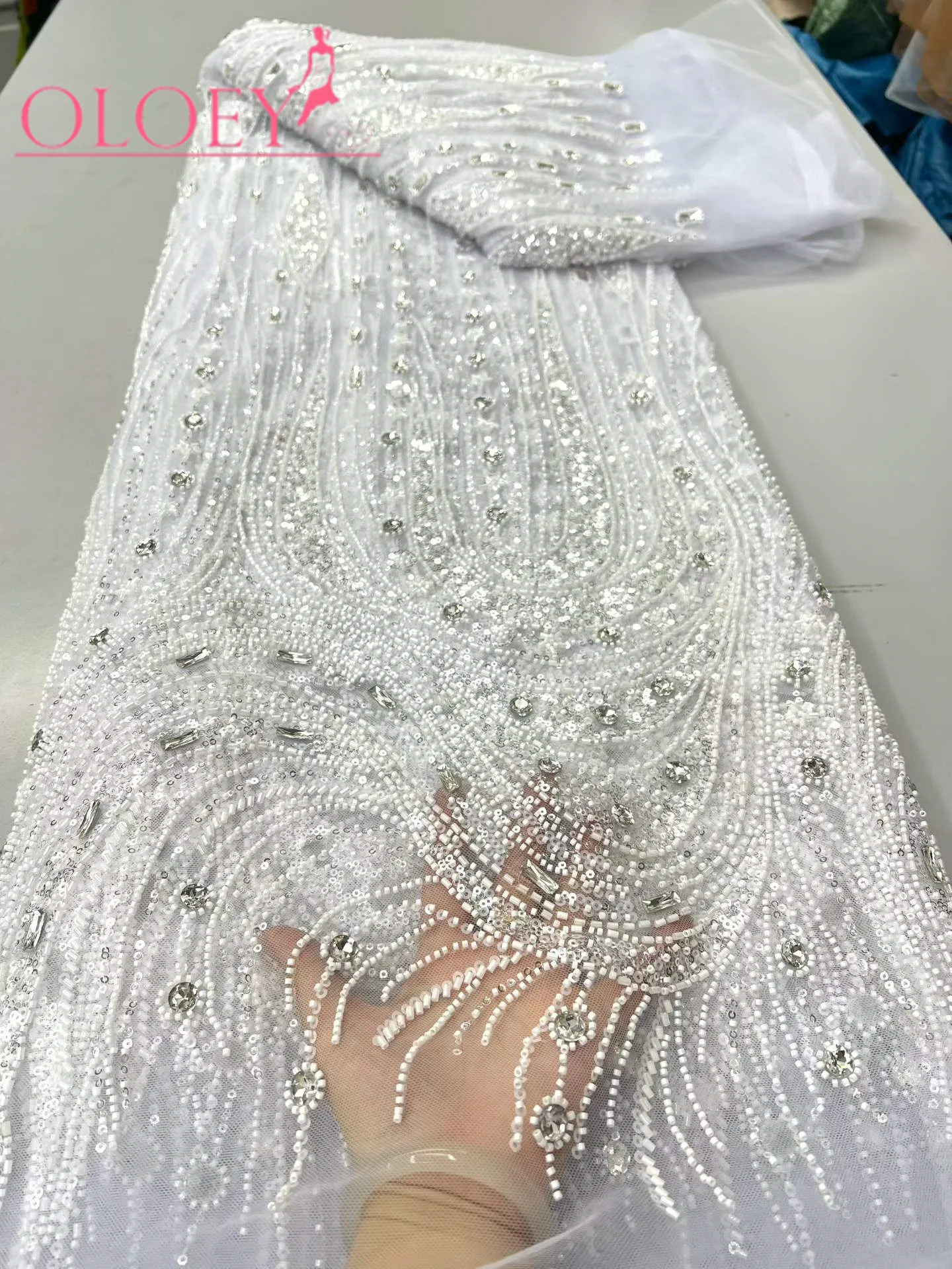 OLOEY Luxury French African Handmade Embroidery Crystal Stone Beads Lace High Quality Nigerian Sequin Lace Fabric For Wedding Dr