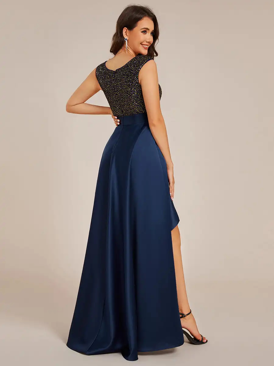 Elegant Evening Dresses Round Neck Asymmetrical Hem Sequin Contrast Satin 2024 Ever Pretty of Navy Blue Bridesmaid Dress