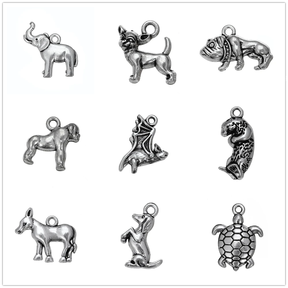 My shape 20pcs Cute Animal Pendants Elephant Dog Turtle Bat Goat Silver Color Alloy Charm for Jewelry Making DIY Accessories