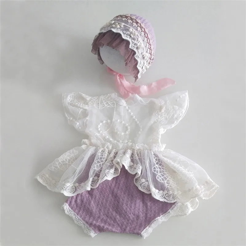 Newborn Photography Props Newborn Hat Lace Romper Bodysuits Outfit Baby Girl Dress Photo Costume