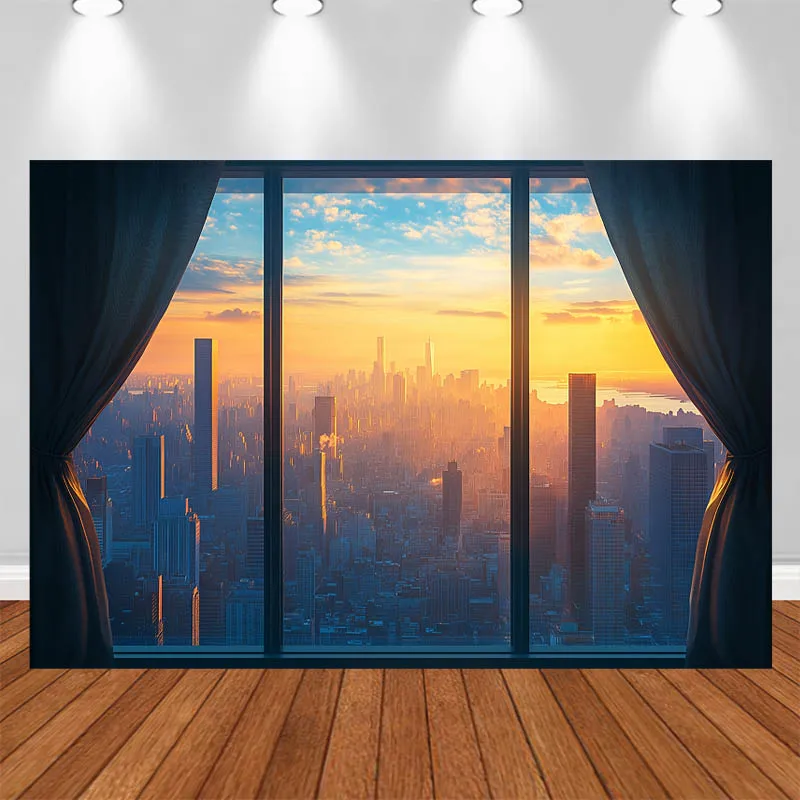 

LS Photography Background Modern High Ceiling Windows Dark Curtains City Sunset Decor Adult Portrait Photo Backdrop Studio