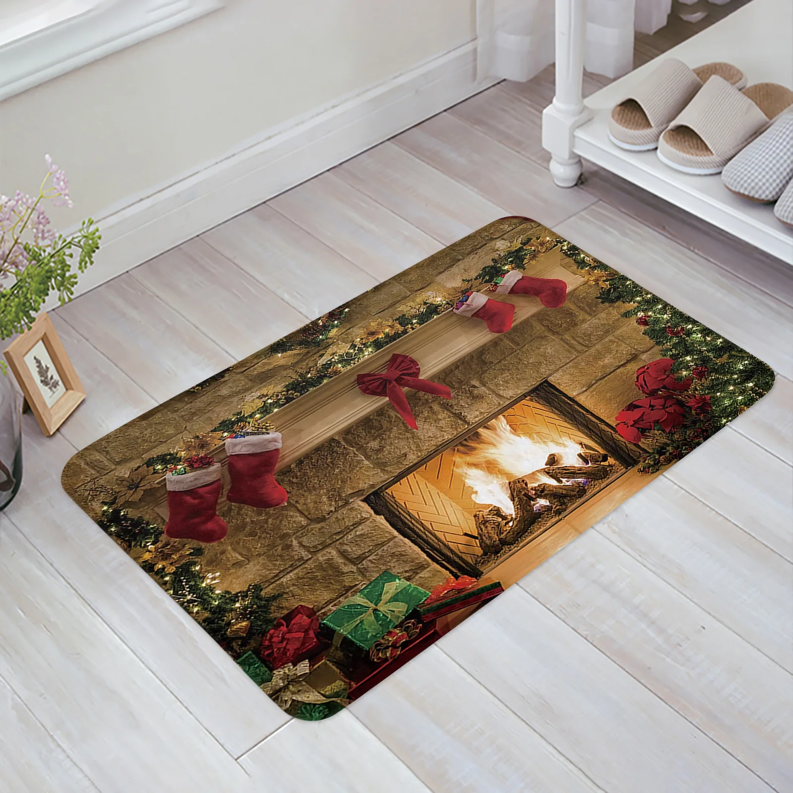 Christmas Fire Fireplace Doormat Decorations for Home Carpet Navidad Ornament New Year Gifts Xmas Party Decor Rug Mat