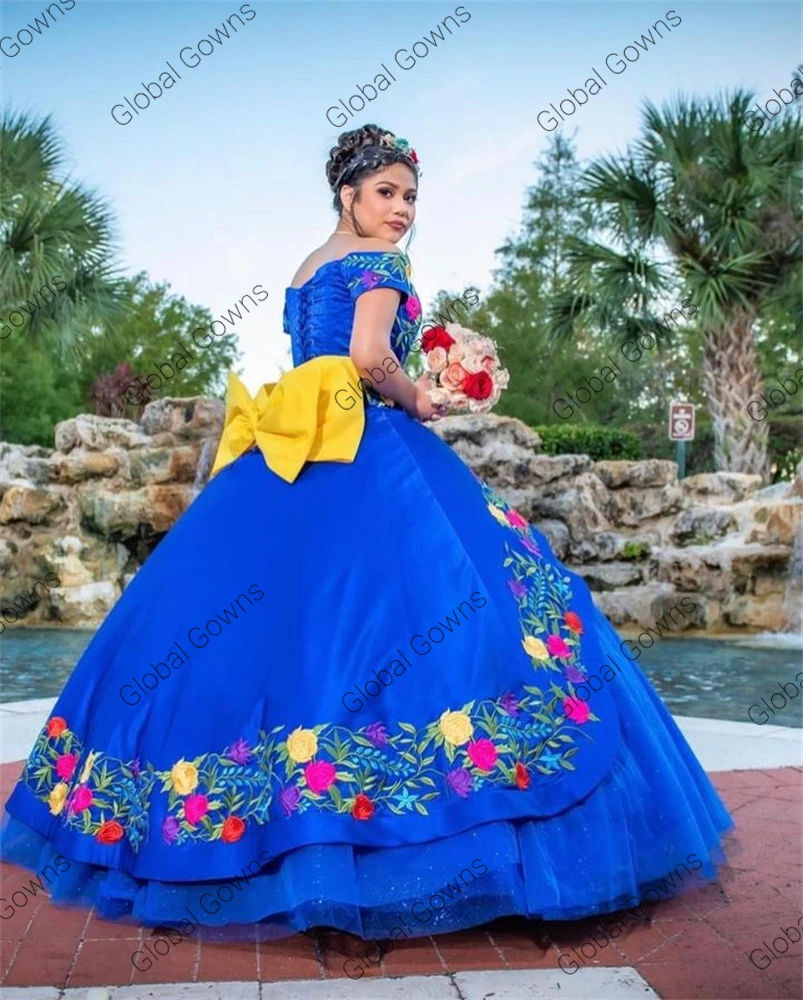 Robe de Rhbleu royal pour filles, princesse mexicaine, robe Quinceanera, fleur perlée 3D, Sweet 16, fête d'anniversaire, quelque soit