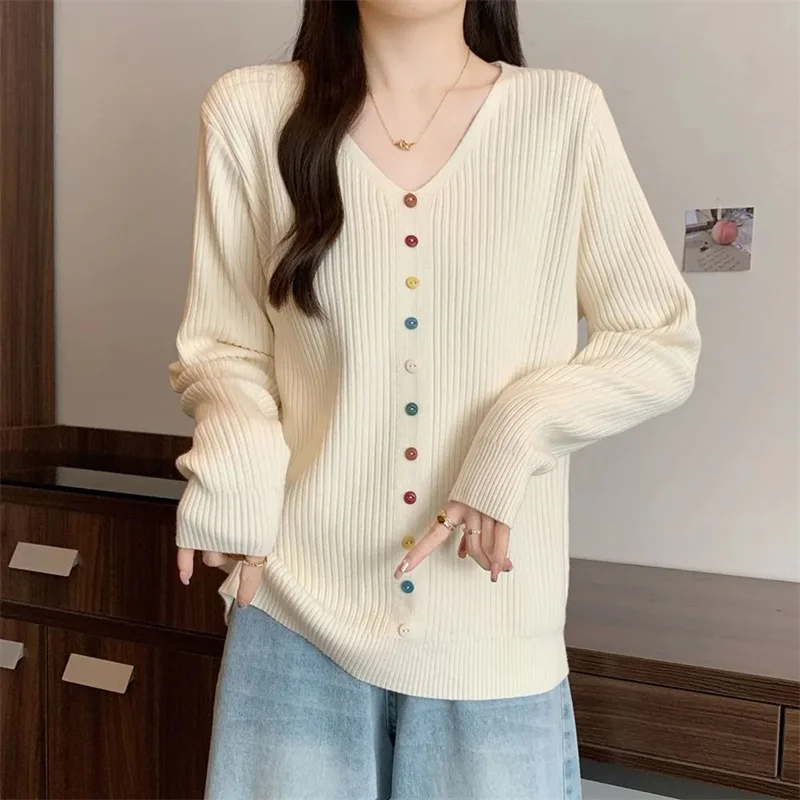 

Весенний женский вязаный кардиган с V-образным вырезом и полосками, осенний однотонный свитер в корейском стиле, модный пуловер больших размеров до 4XL