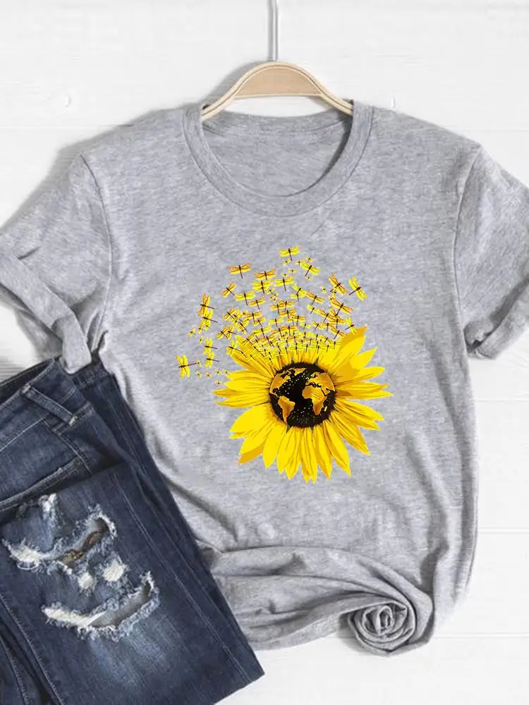 

Tee Basic Clothing Women Clothes Print T Shirt Dragonfly Lovely Flower Summer Top Fashion Short Sleeve Graphic T-shirt