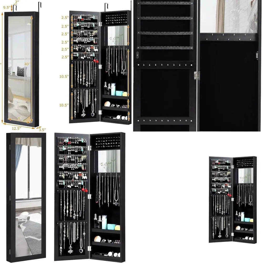 

Black Wooden Jewelry Armoire with Full & Inner Mirrors, 3 Shelves, 25 Hooks, Ring & Earring Holders