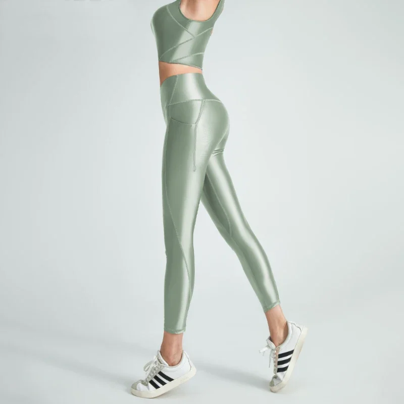 Ropa satinada brillante para mujer, chaleco, pantalones de cintura alta al óleo, entrenamiento, Fitness suave, brillo, Yoga, correr, deporte, gimnasio, conjunto de leggings