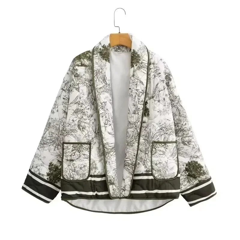 Casual Women's Contrasting Printed Cotton Jacket, Fashionable Semi Open Collar Printed Double Pocket Decorative Cotton Jacket