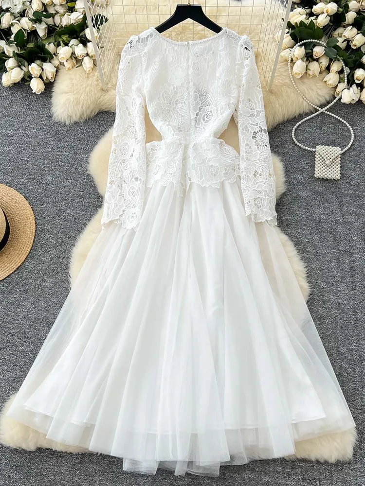 Party Luxury Lace mesh patchwork dress Women's White 2025 Elegant Hollow out O-neck Long sleeve Midi dresses Lady INKEO 4D137