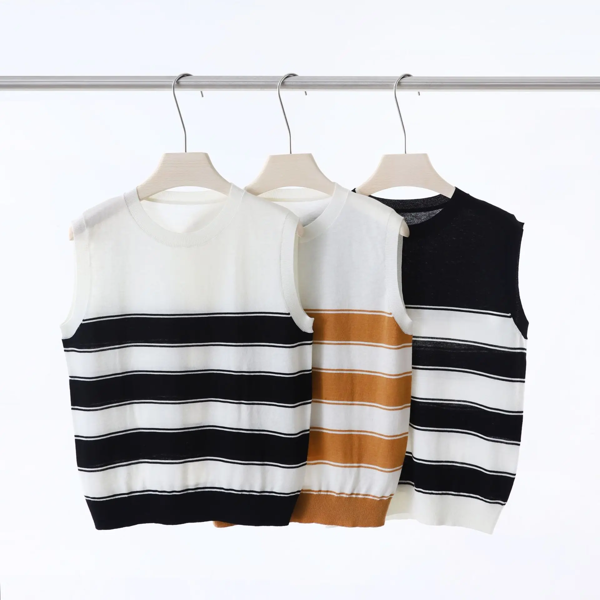 

Summer Striped Vest Knitted Tees Women T-Shirts Round Neck Wool Ultra-fine Sleeveless Top Korean Casual Contrast Color Thin Tops