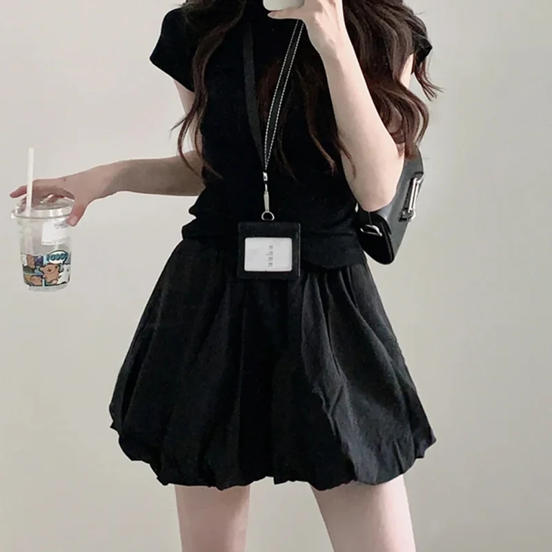 2026 Summer Black Fluffy Bud Skirt Women Streetwear Y2k High Waist A Line Mini Skirts Woman Korean Solid Dance Ballet Skirts
